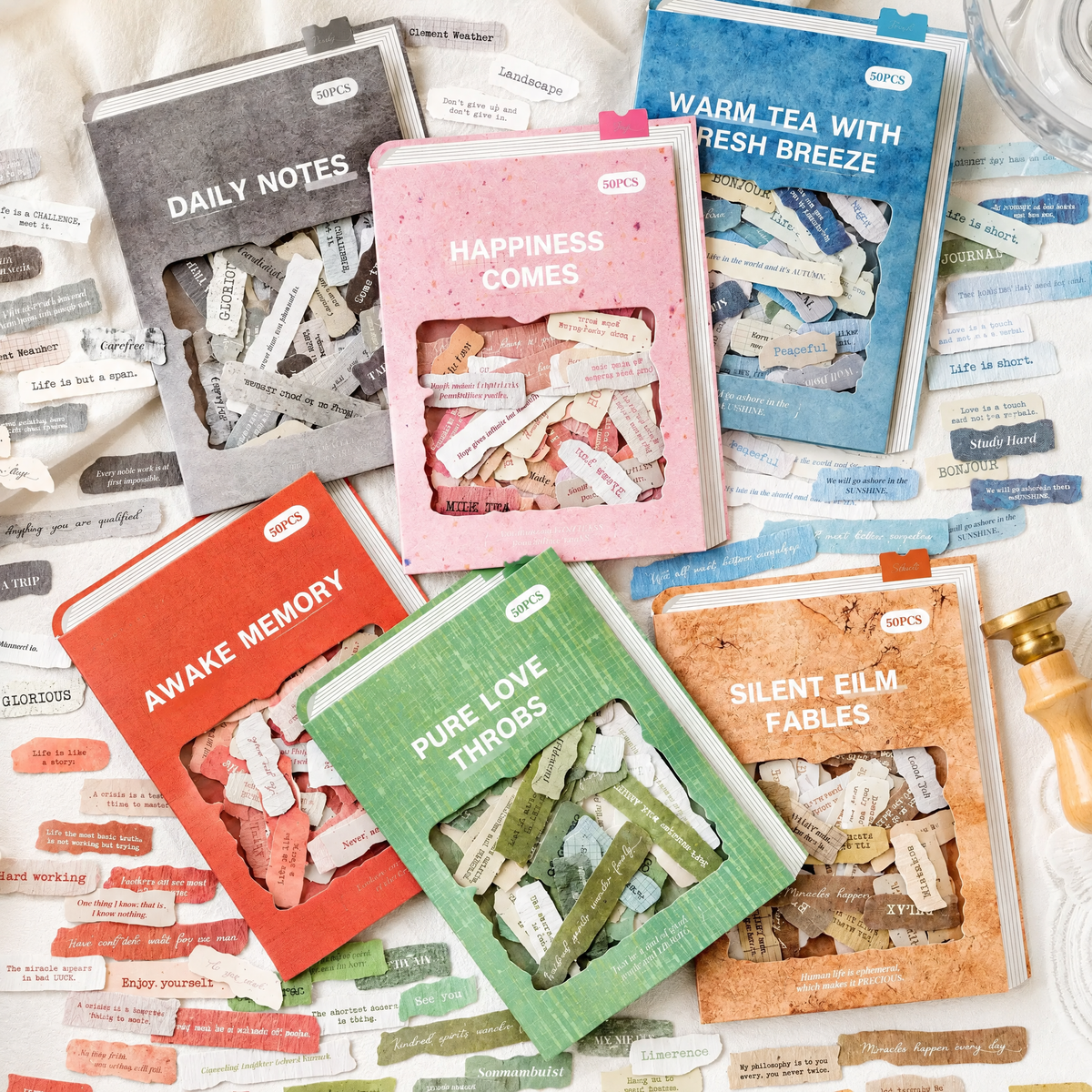 Virexoo™ Fragmented Thoughts Vintage Quote Stickers — Torn Paper Journal Labels, Scrapbook Ephemera & Collage Stickers